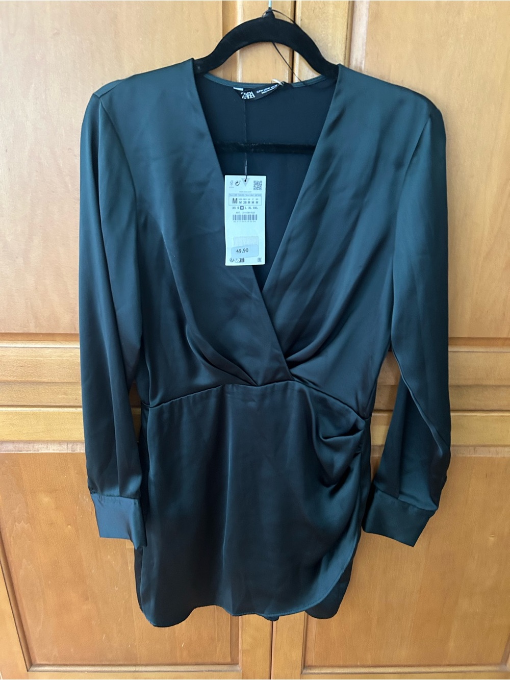 Zara Black Satin V-Neck Long Sleeve Mini Dress